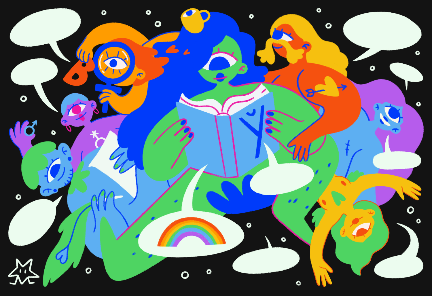 Цветная ллюстрация в мультышном стиле. По середине нарисована персона с длинными волосами и одним глазиком, ее кожа зеленая и а волосы синие. Она с интересом читает синюю книжу на обложке которой нарисовано Ў нескладовае. Слева персона с оранжевой кожей итакже одним глазиком рассматривает через лупу букву B.