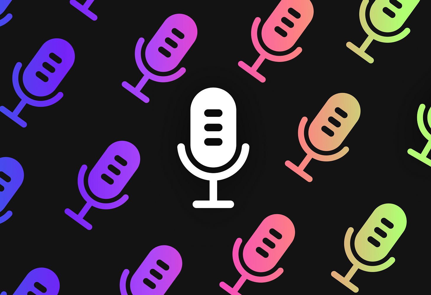 На чёрном фоне изображены несколько фигурок стилизованных олдскульных микрофонов в духе 60-х. В центре белый микрофон, расположенный вертикально. По бокам от него и снизу и вверху изображены такие же микрофоны, только поменьше, они все наклонены вправо на 45 градусов и словно устремлены в верхний правый угол экрана. Эти фоновые микрофоны окрашены градиентно — от фиолетового через синий и красный, желтый — к зеленому.