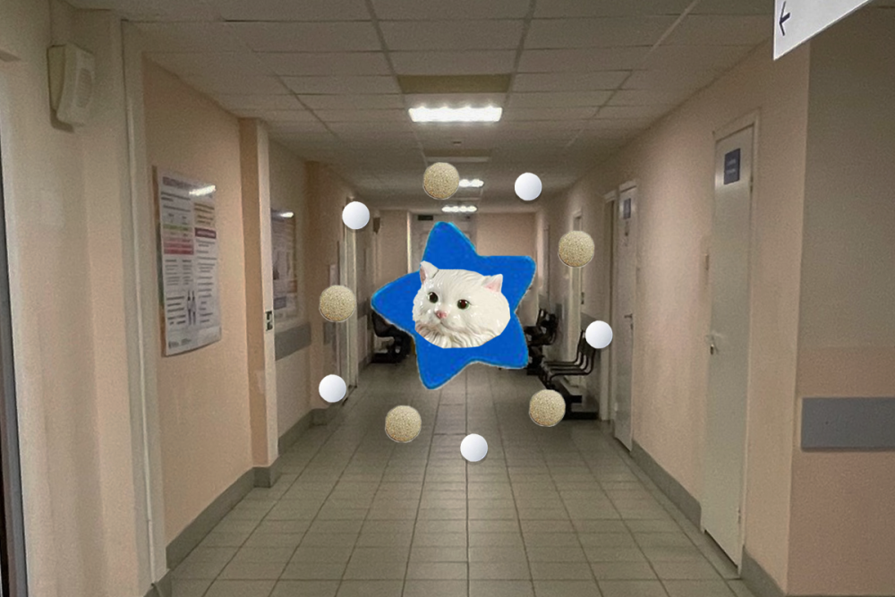 Коллаж: Фото коридора больницы, по центру фото круг из таблеток, в круге фетровая звезда синего цвета внутри которой голова фарфорового белого кота.