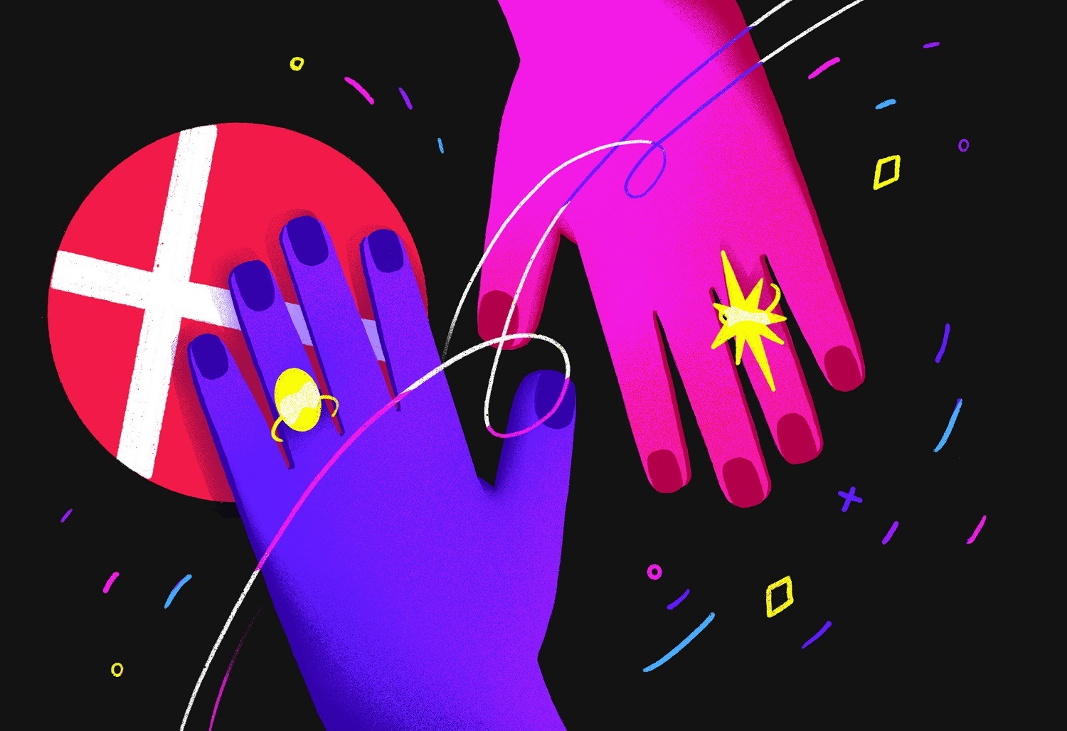 Иллюстрация: на черном фоне две руки снизу фиолетовая с овальным желтым кольцом на безымянном пальце, сверху розовая с кольцом в форме звезды на безымянном пальце. Фиолетовая рука лежит на красном круге с белым крестом. По всему изображению нарисованы абстрактные разноцветные черточки, мелкие ромбы и круги.
